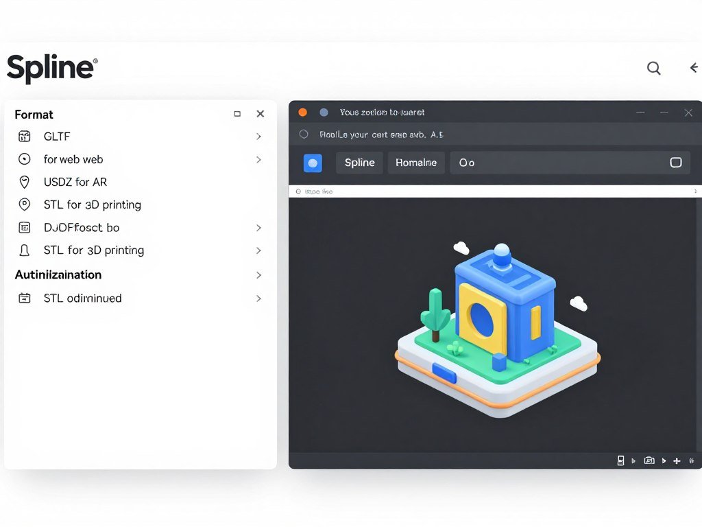 Spline export options showing GLTF, USDZ, and STL format exports for web and AR