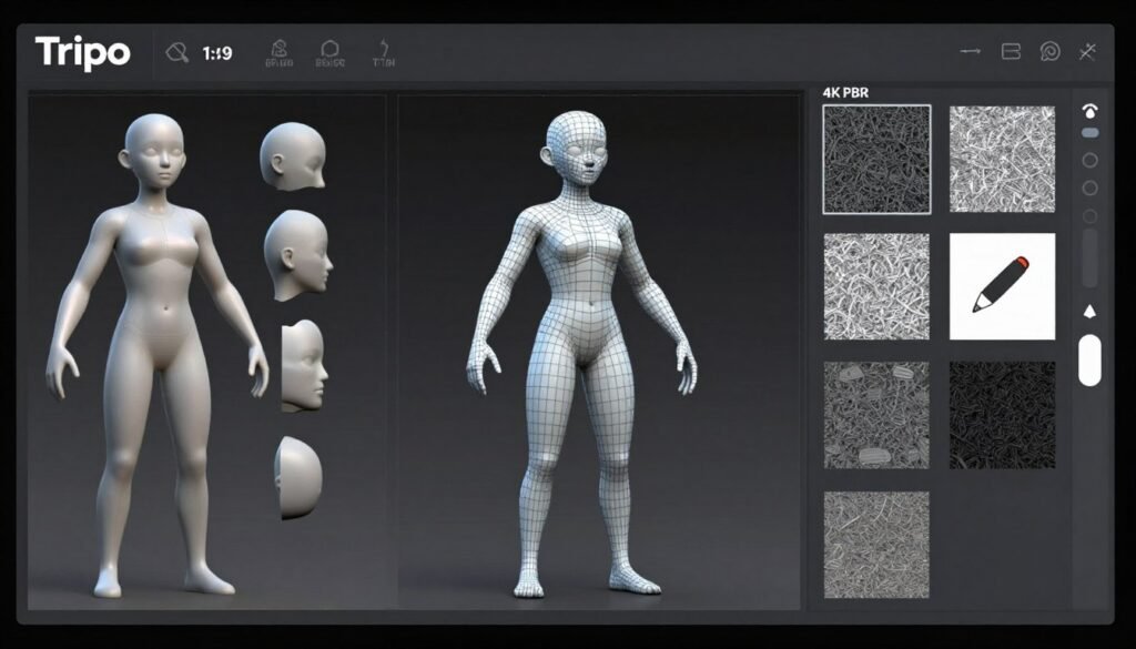 Tripo AI interface showing intelligent segmentation and clean topology features