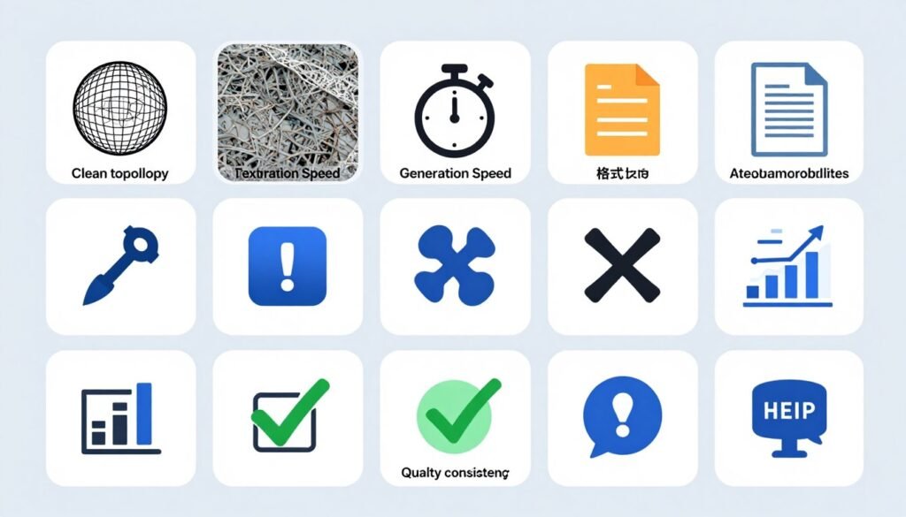 Visual checklist of key features to evaluate in AI 3D Model Generators